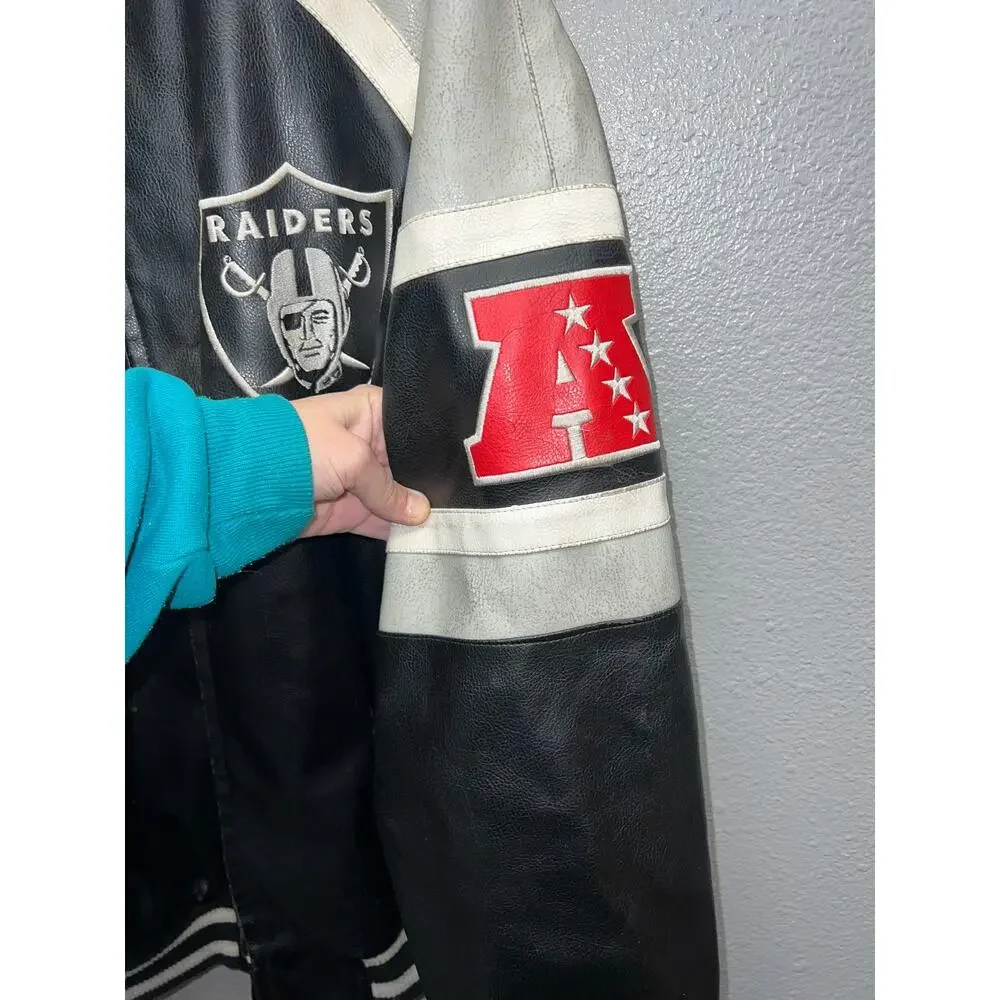 NFL Oakland Raiders Leather Jacket Football Black Silver Outerwear Stained Large